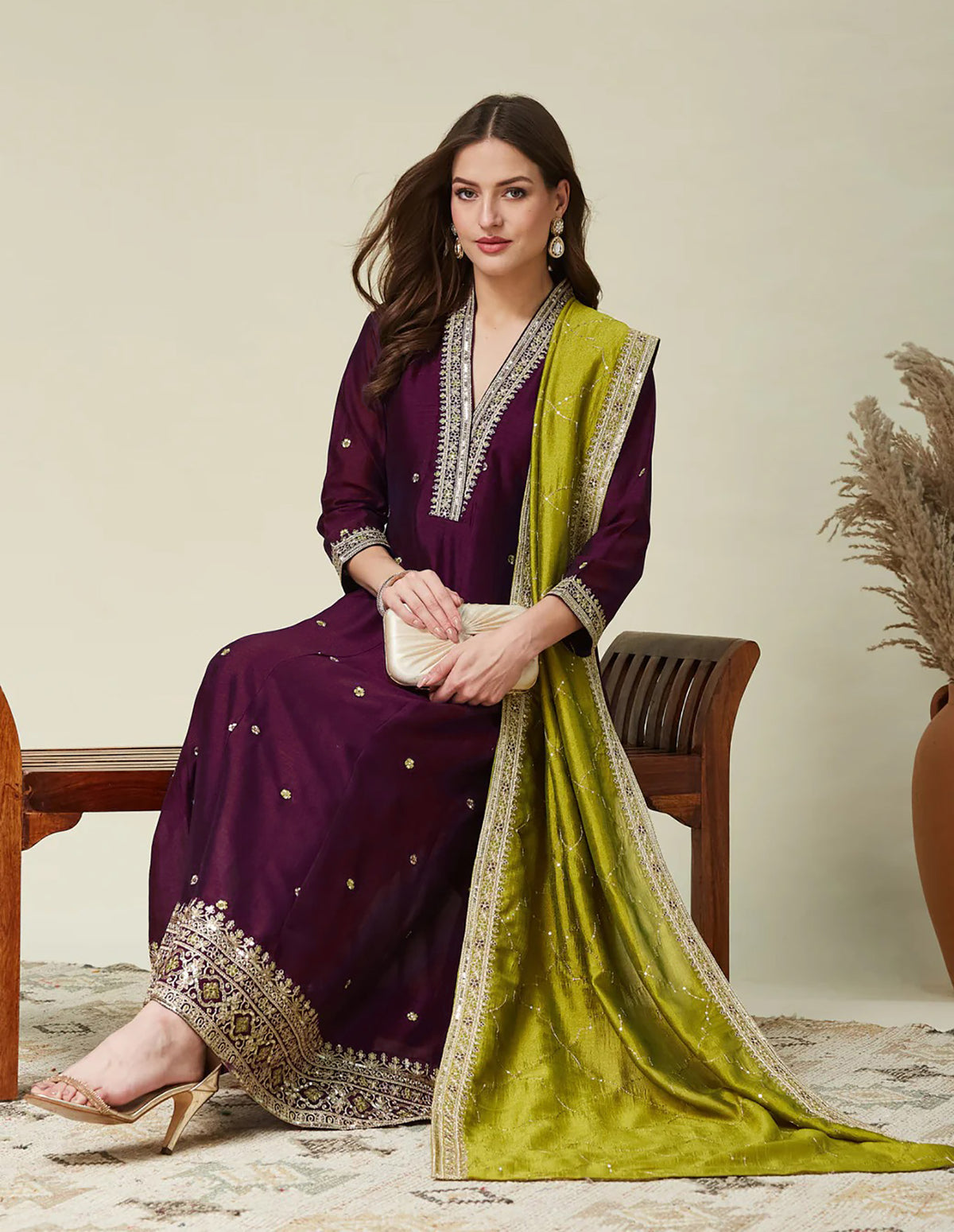 Wine Embroidered Vichitra Anarkali Kurta Set with Green Dupatta