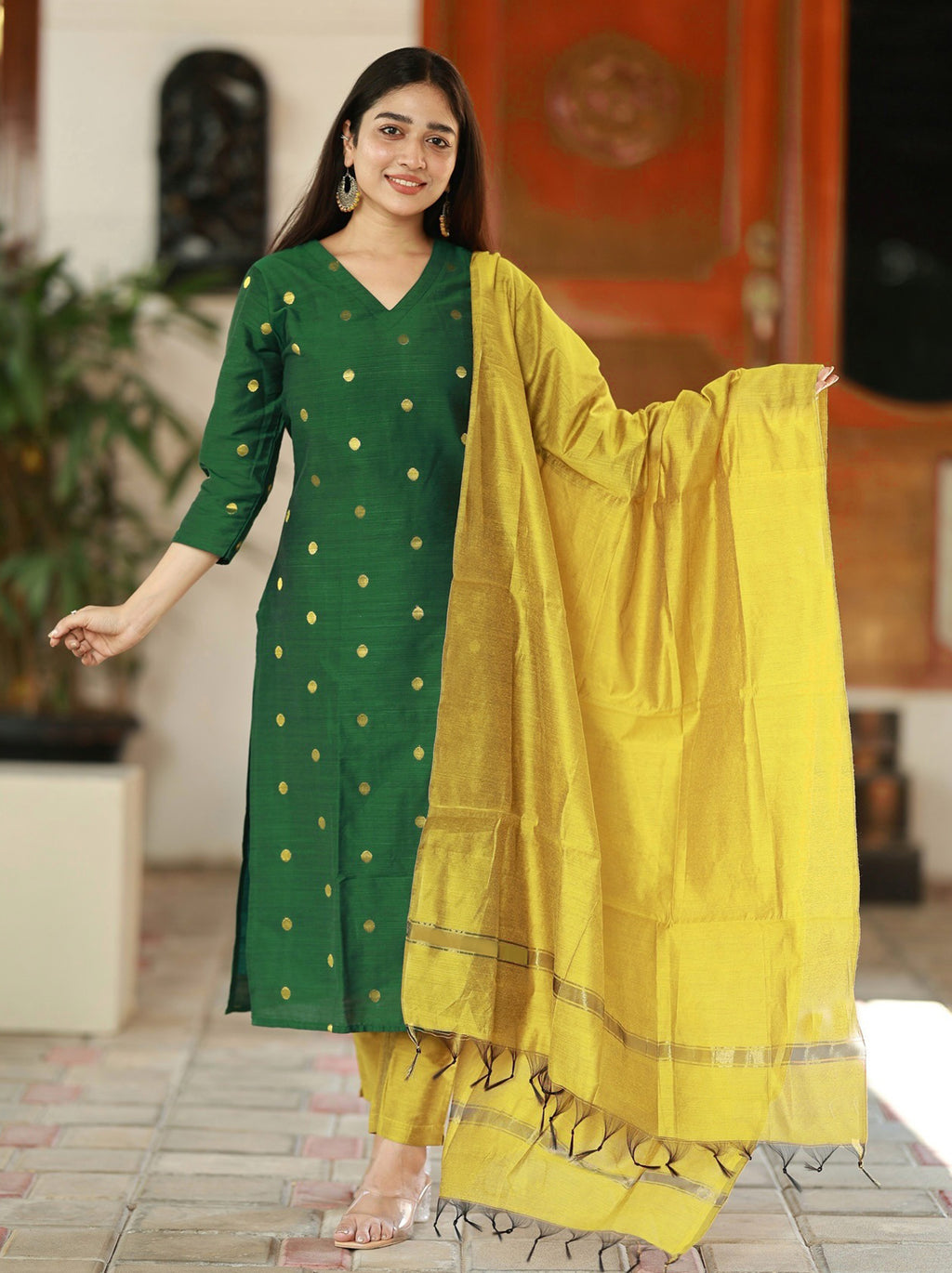 Green Art Silk Woven Kurta Set with Yellow Dupatta