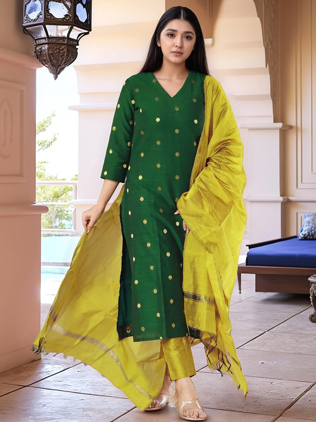 Green Art Silk Woven Kurta Set with Yellow Dupatta