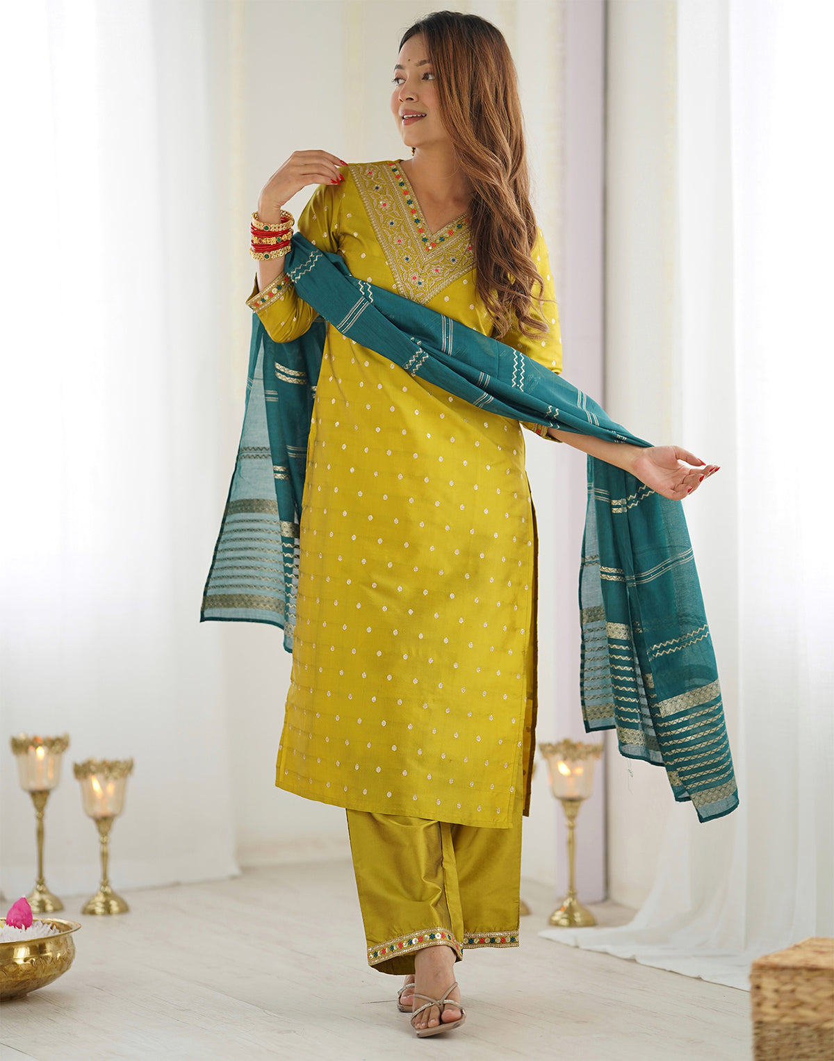 Mustard Jacquard Woven Kurta Set with Silk Blend Pant & Dupatta