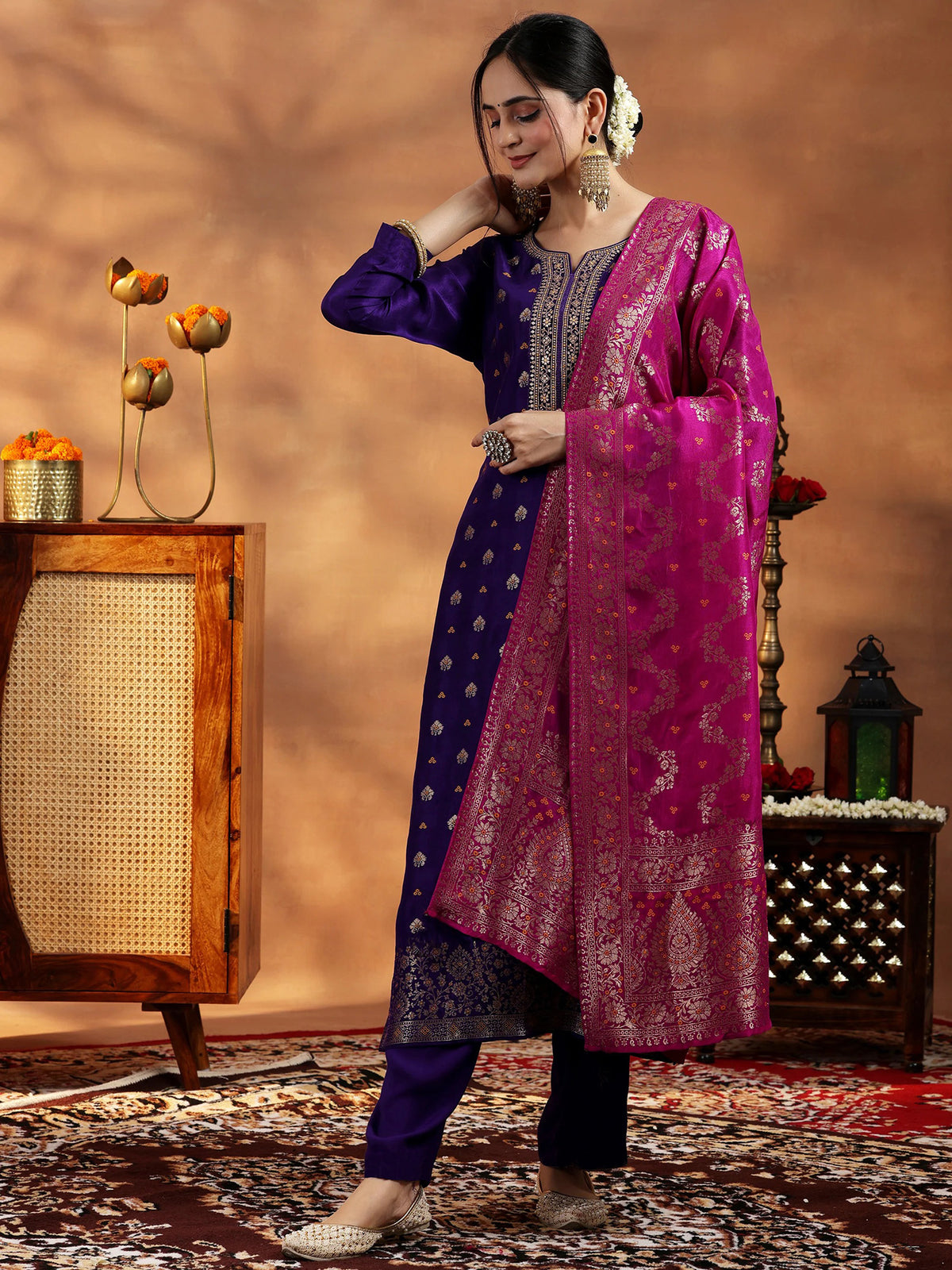 Violet Wooglee Embroidered Kurta Pant Dupatta Set for Women