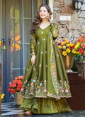 Olive Green Floral Embroidered Anarkali Suit Set with Palazzo & Dupatta