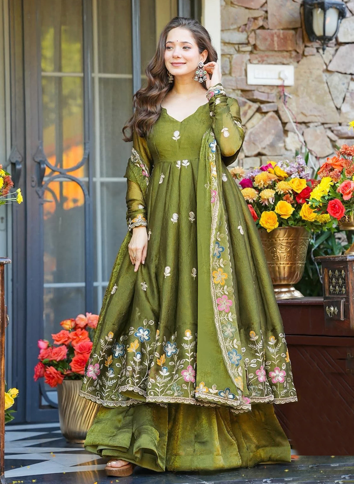 Olive Green Floral Embroidered Anarkali Suit Set with Palazzo & Dupatta