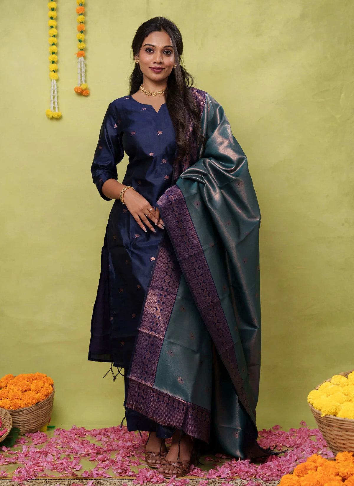 Royal Blue Art Silk Woven Kurta Set with Matching Dupatta