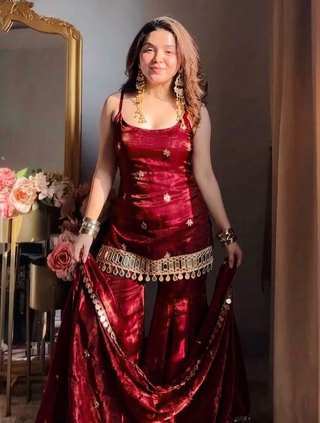 Maroon Fendy Silk Sharara Set with Mirror Work & Dupatta