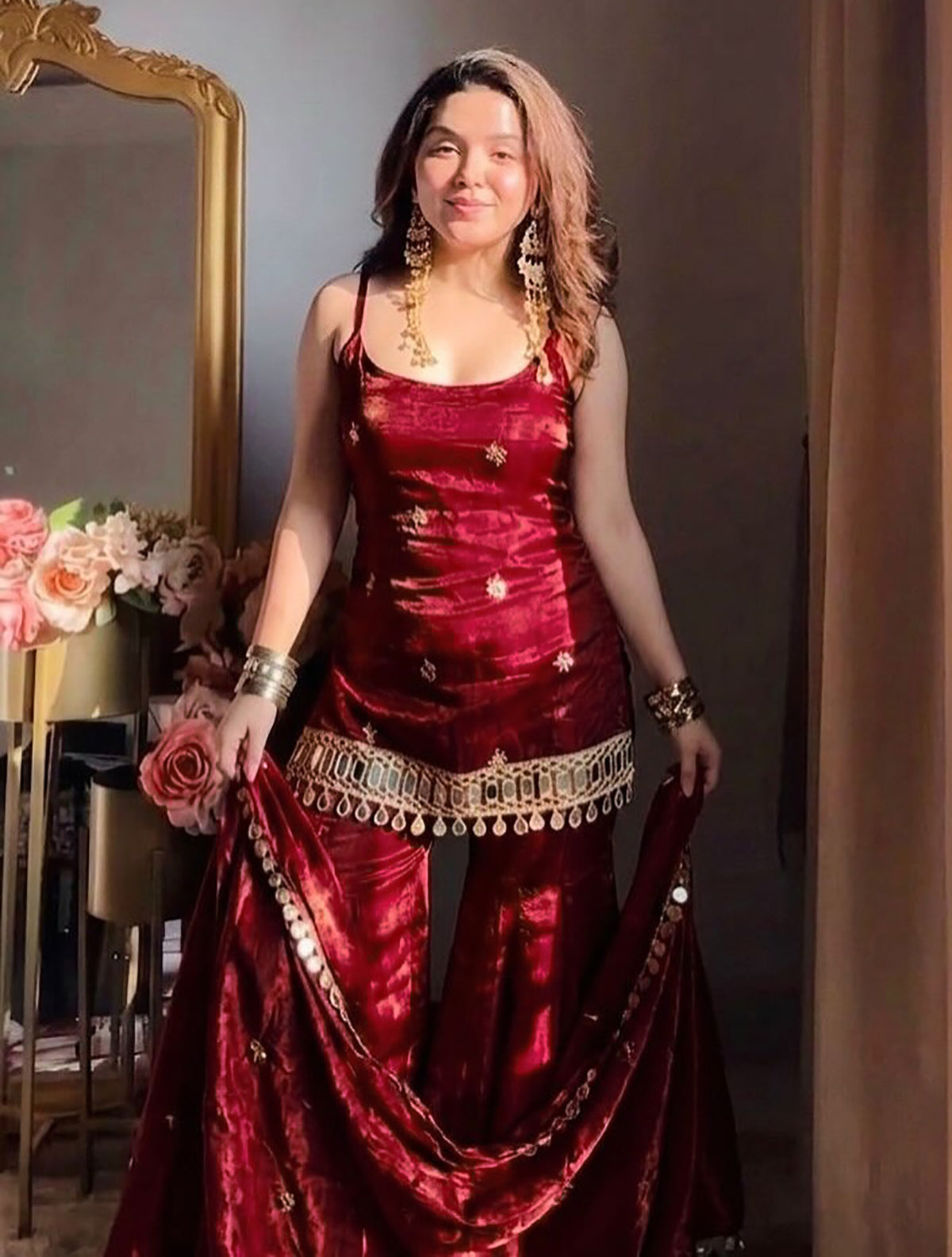 Maroon Fendy Silk Sharara Set with Mirror Work & Dupatta