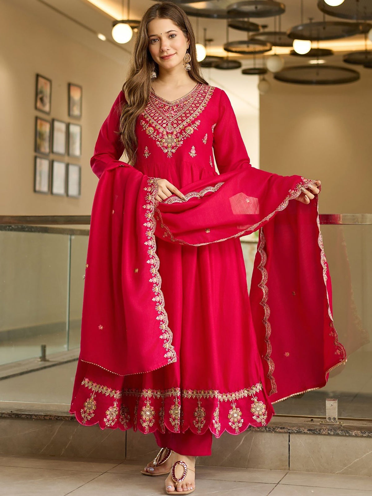 Pink Embroidered Vichitra Anarkali Suit Set with Pant & Embroidered Dupatta