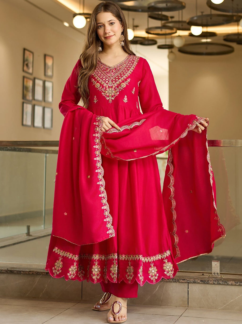 Pink Embroidered Vichitra Anarkali Sharara Set with Dupatta