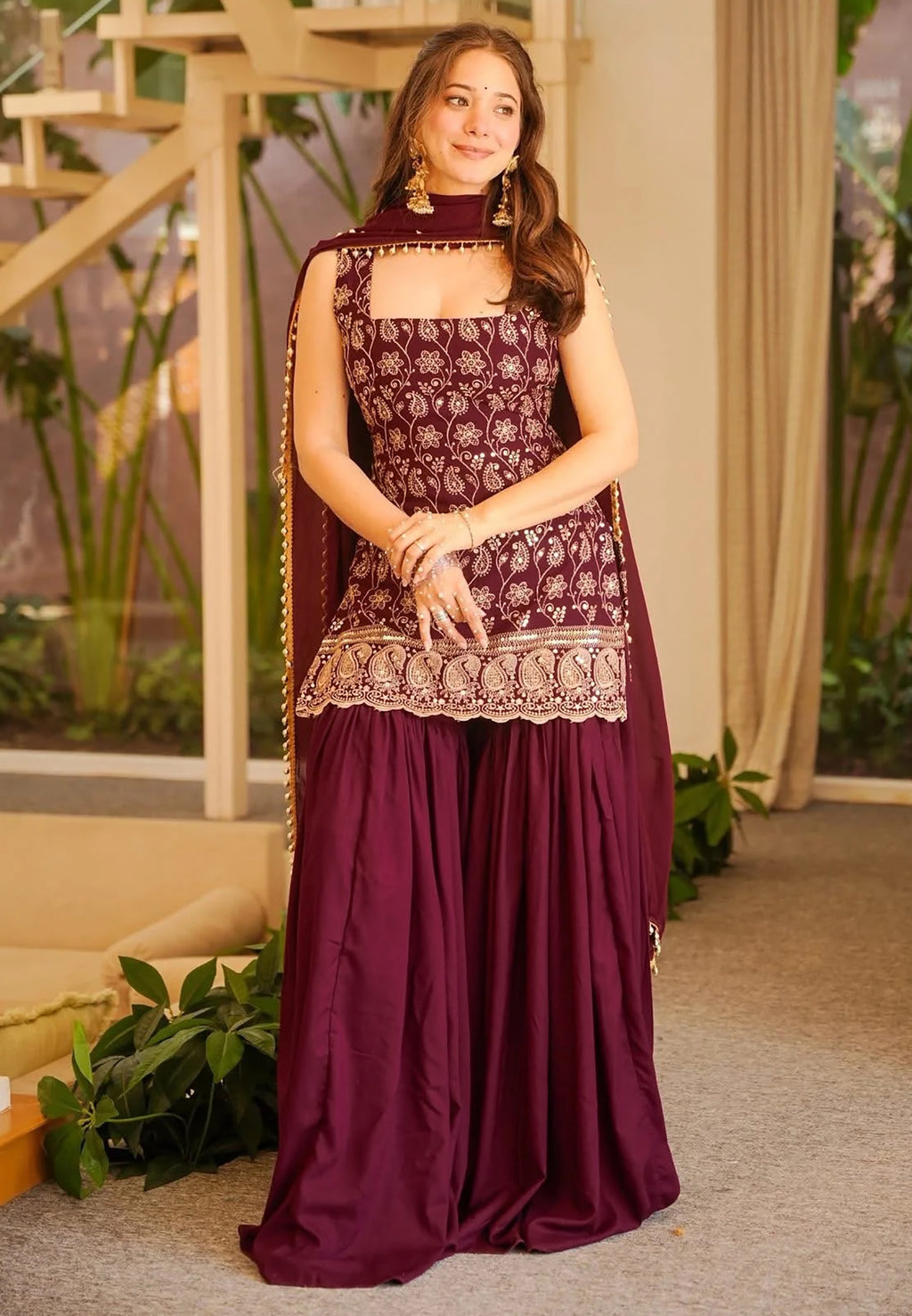 Maroon Embroidered French Crepe Kurta Sharara Set with Dupatta