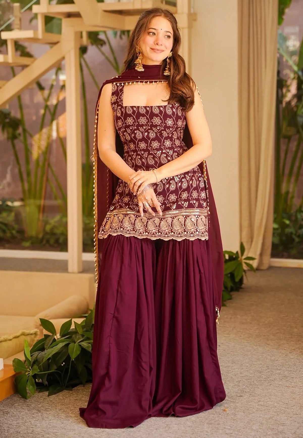 Maroon Embroidered French Crepe Kurta Sharara Set with Dupatta