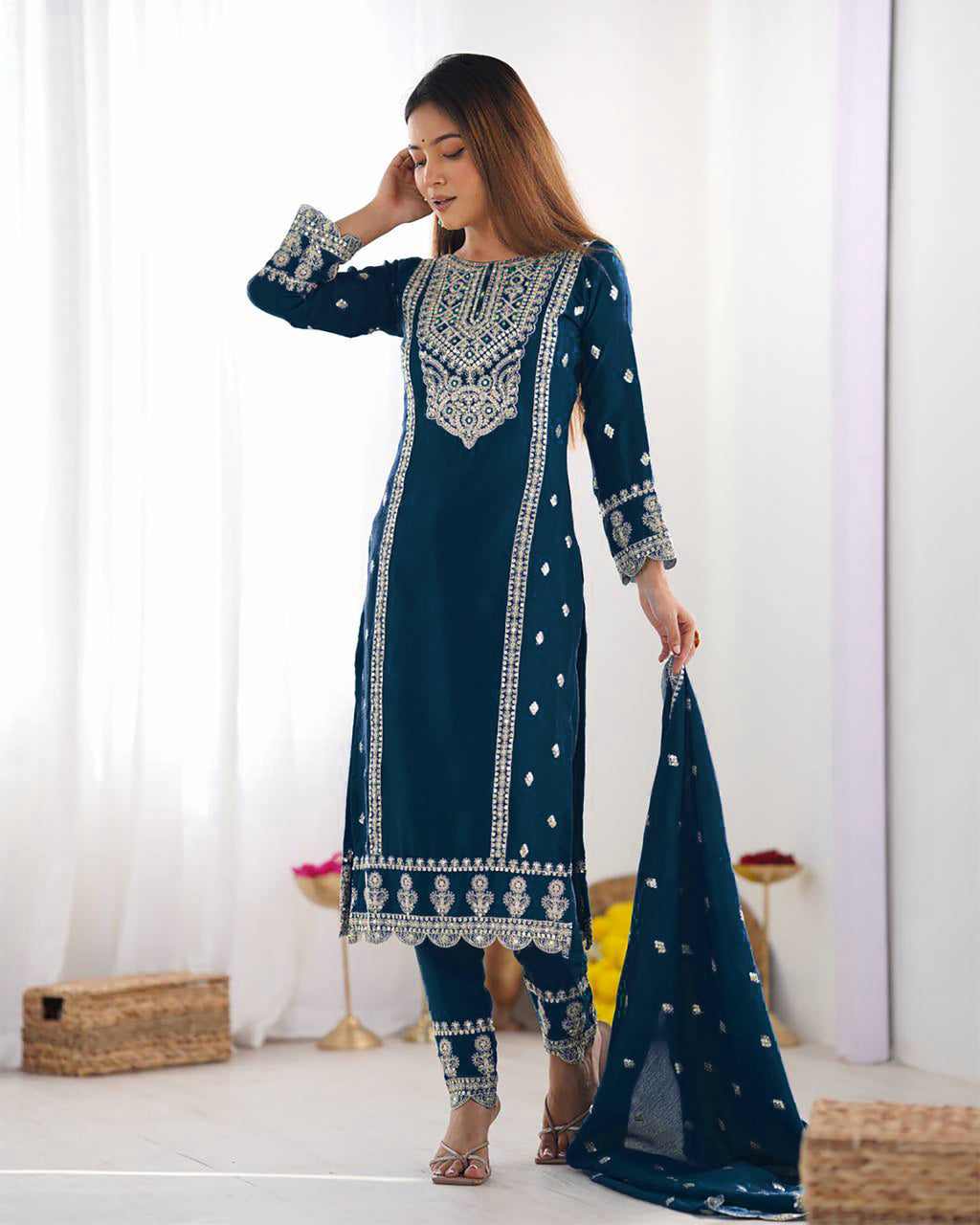 Cerulean Blue Embroidered Tesla Kurta Set with Vichitra Dupatta