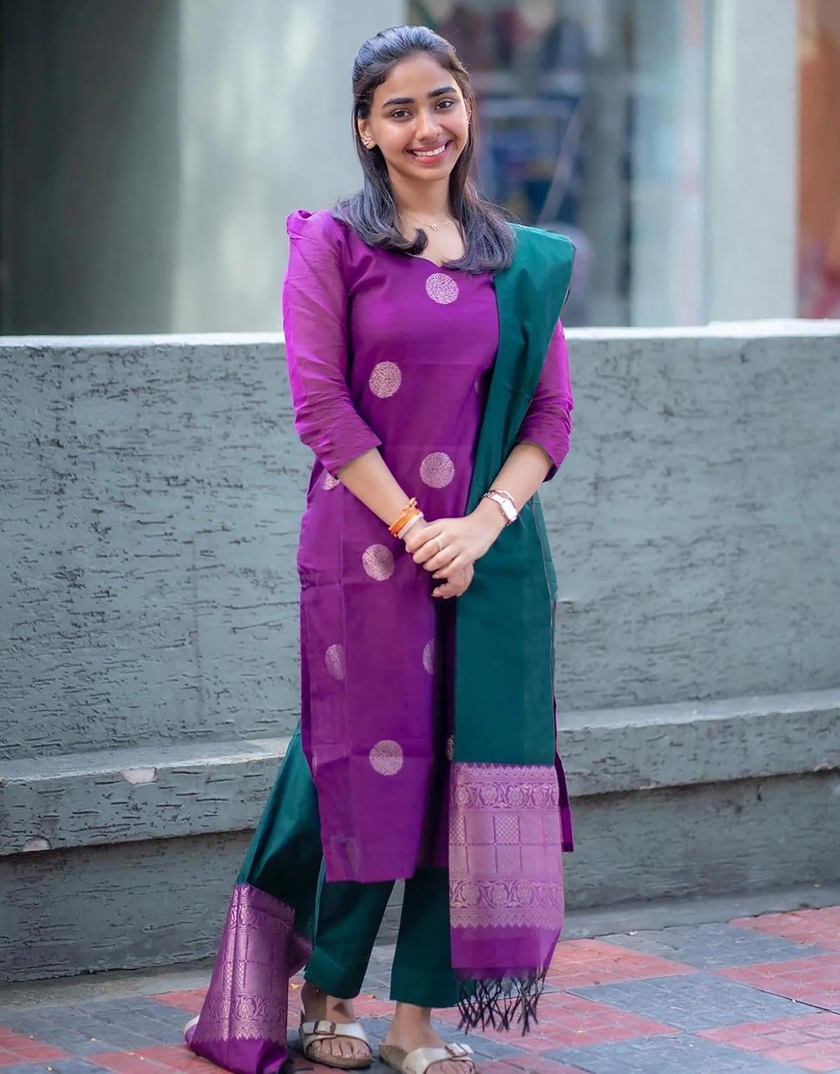 Purple Green Art Silk Kurta Pant Dupatta Set for Women