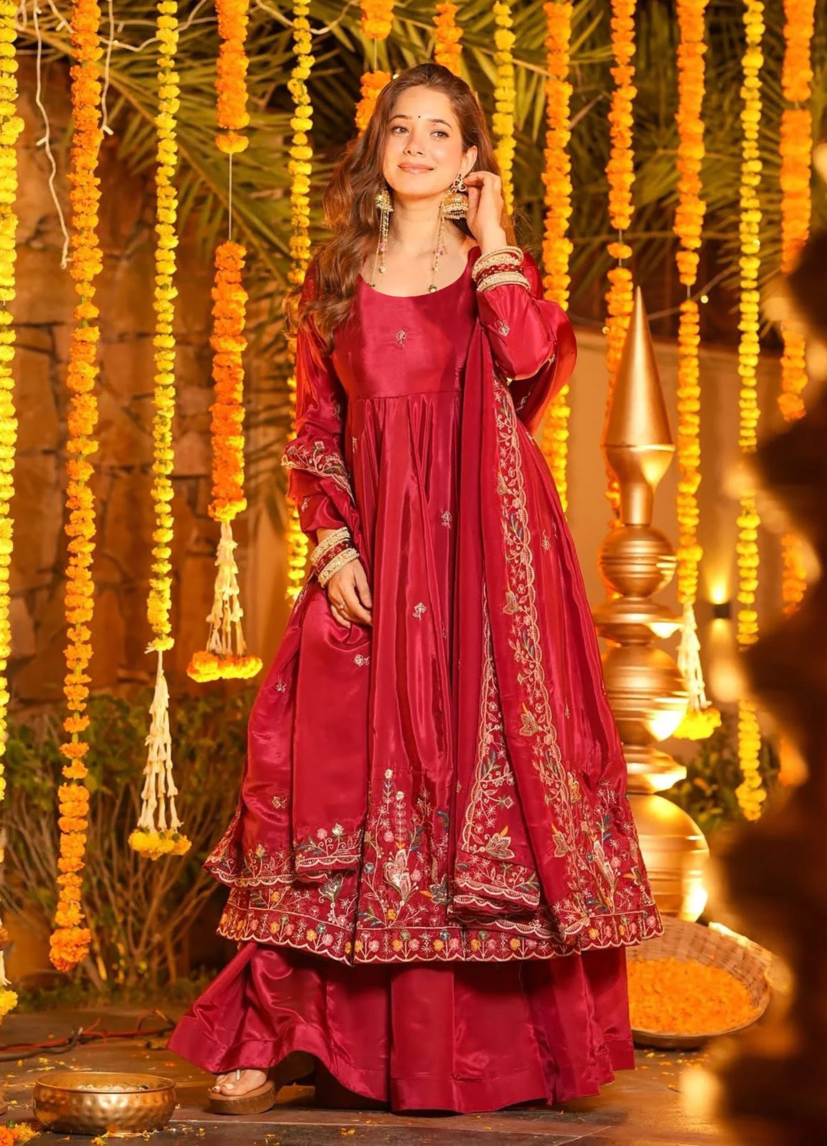 Red Floral Embroidered French Crepe Anarkali Suit Set with Palazzo & Dupatta