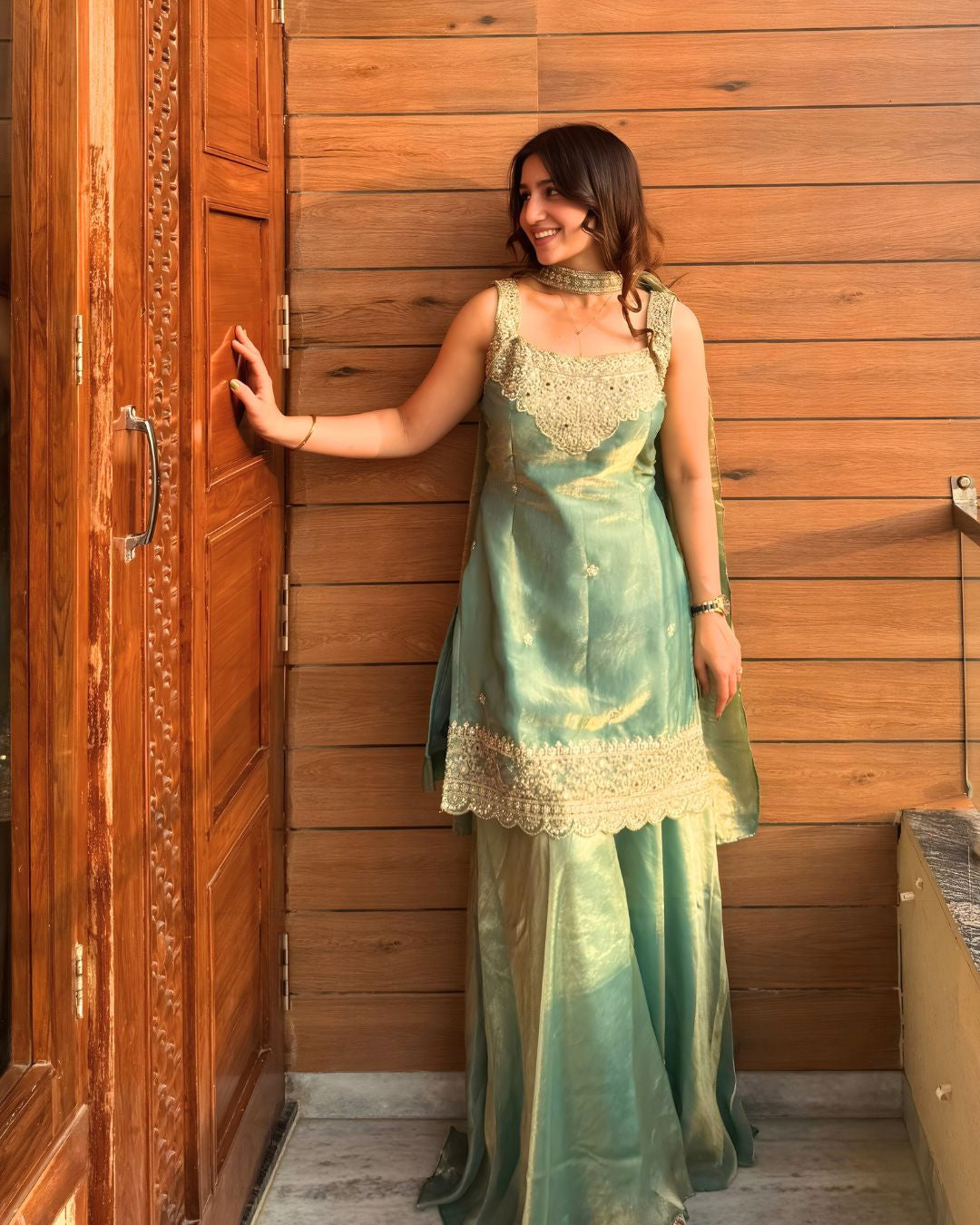 Mint Green Fendy Silk Sharara Suit with Sequin Embroidery & Dupatta