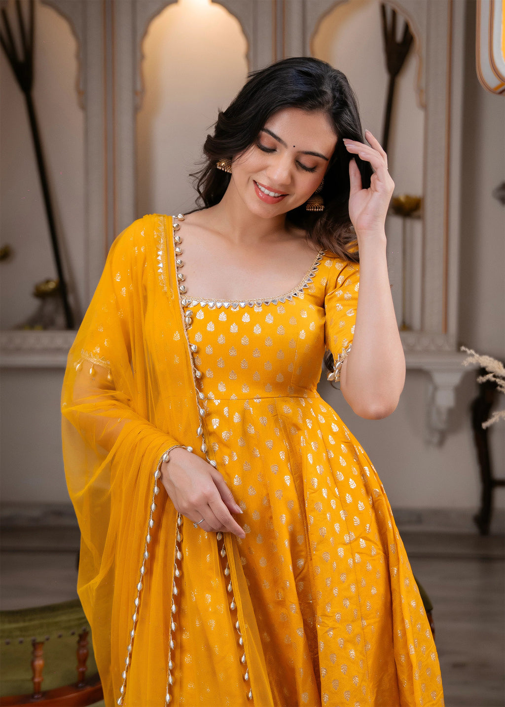 Yellow Chanderi Jacquard Anarkali Suit with Mirror Work & Dupatta