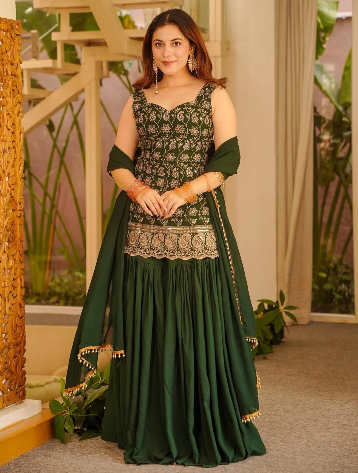 Dark Green Embroidered French Crepe Kurta Sharara Set with Dupatta