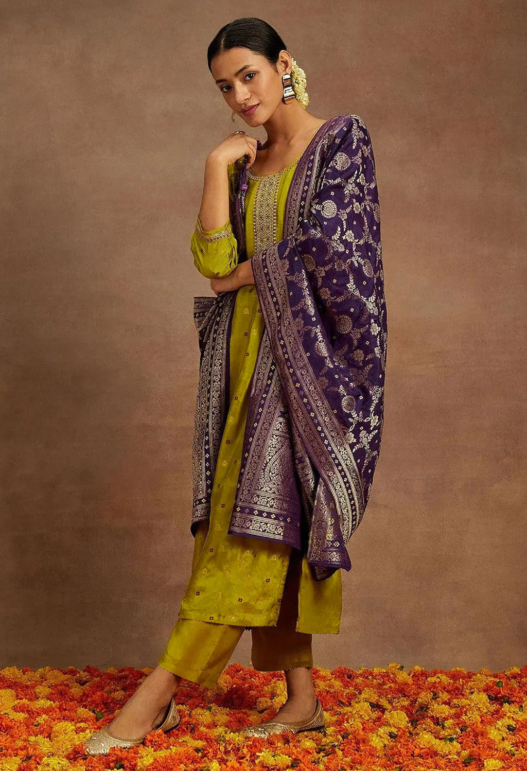 Mustard Purple Art Silk Kurta Pant Dupatta Set for Women