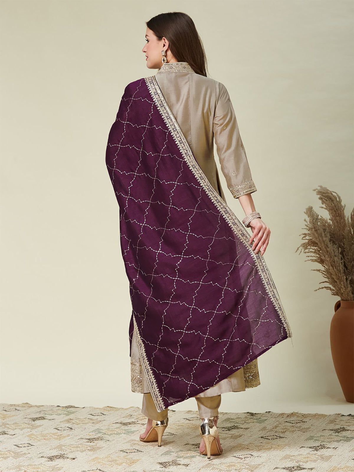 Beige Embroidered Vichitra Anarkali Kurta Set with Wine Dupatta