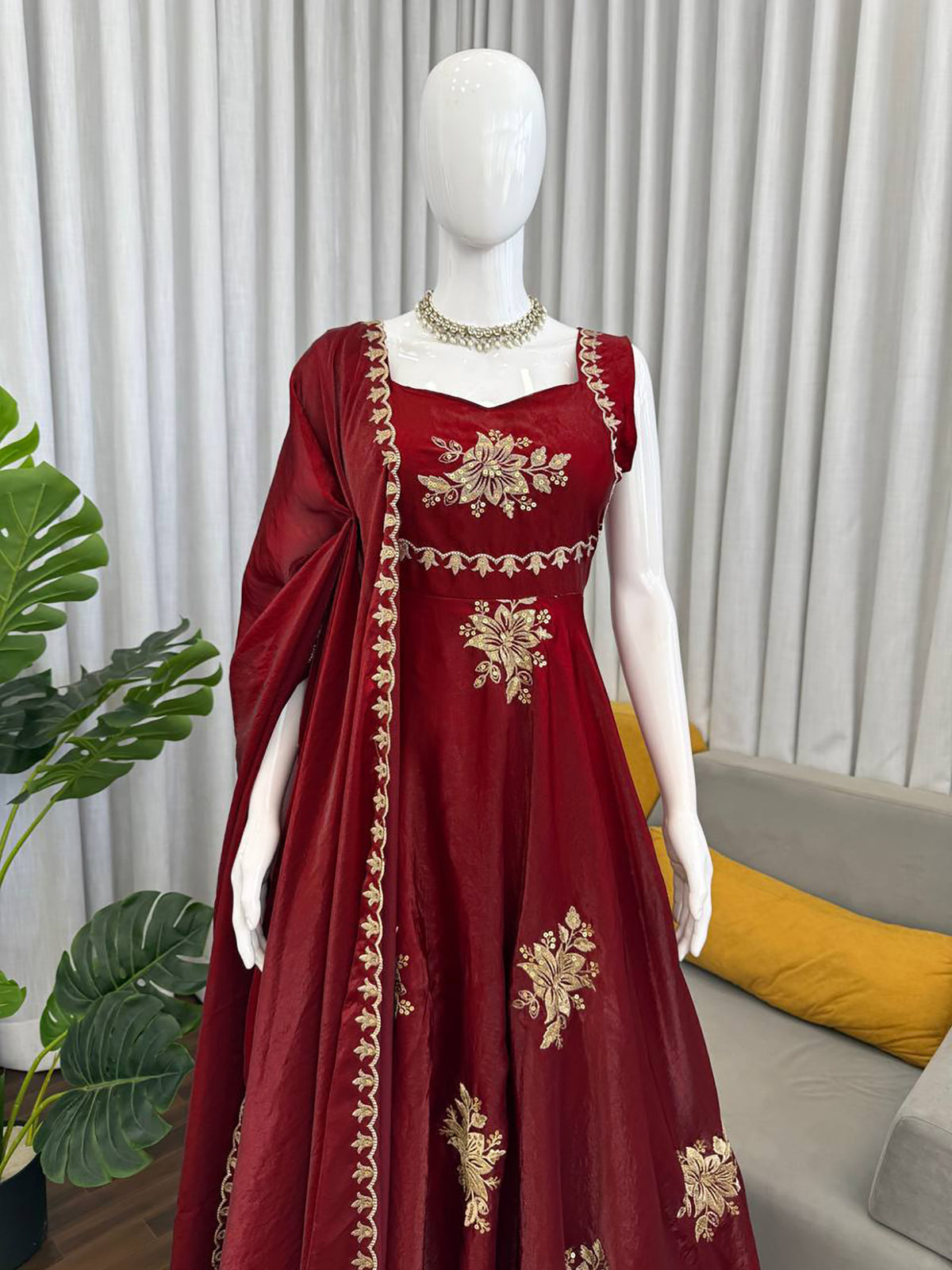 Maroon Fendy Silk Anarkali Suit with Zari Sequin Work & Dupatta