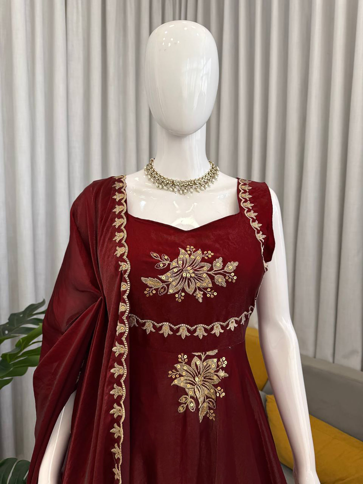 Maroon Fendy Silk Anarkali Suit with Zari Sequin Work & Dupatta