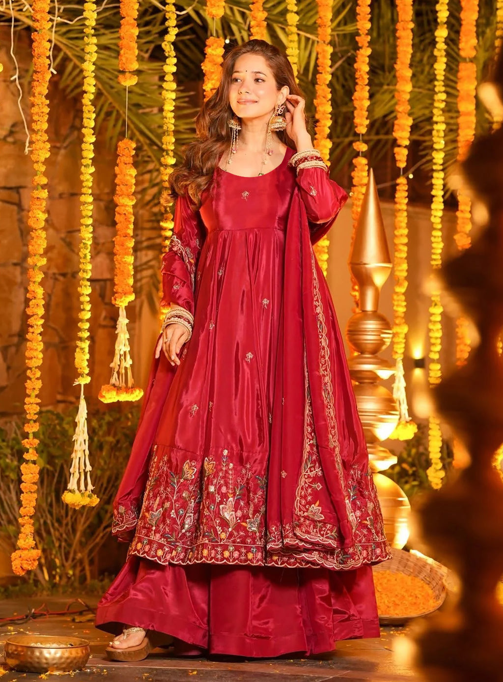Red Floral Embroidered French Crepe Anarkali Suit Set with Palazzo & Dupatta