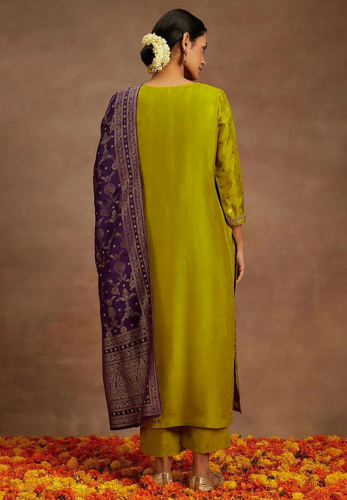 Mustard Purple Art Silk Kurta Pant Dupatta Set for Women