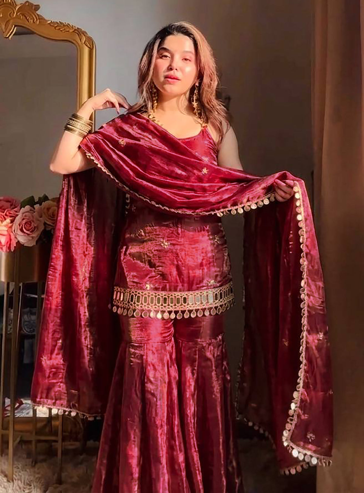 Maroon Fendy Silk Sharara Set with Mirror Work & Dupatta