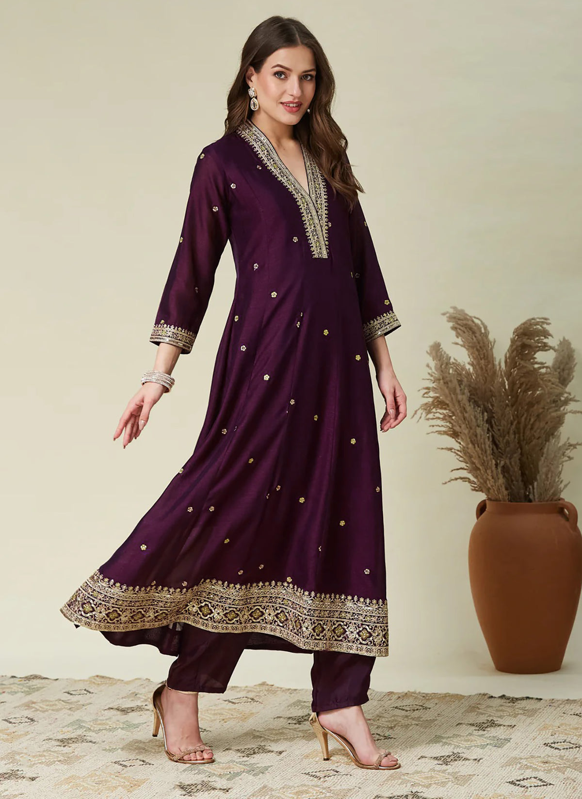 Wine Embroidered Vichitra Anarkali Kurta Set with Green Dupatta
