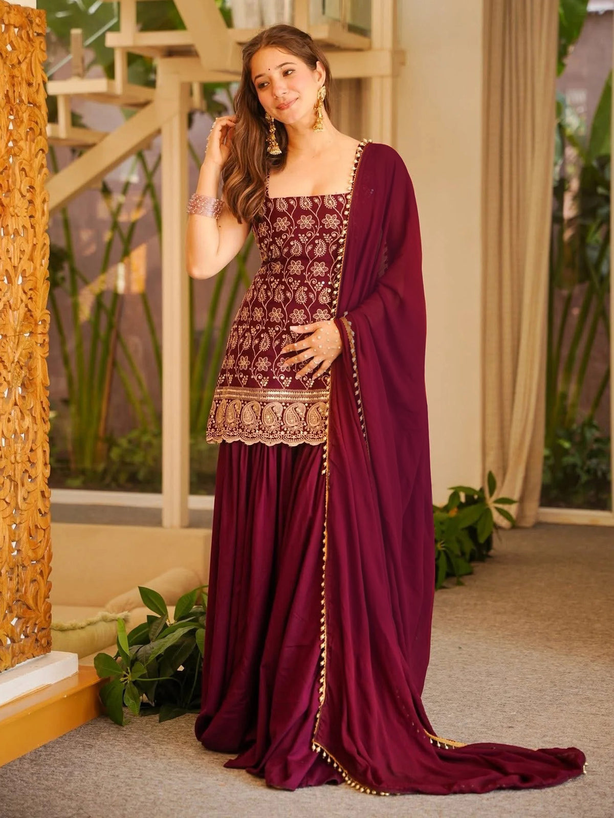 Maroon Embroidered French Crepe Kurta Sharara Set with Dupatta