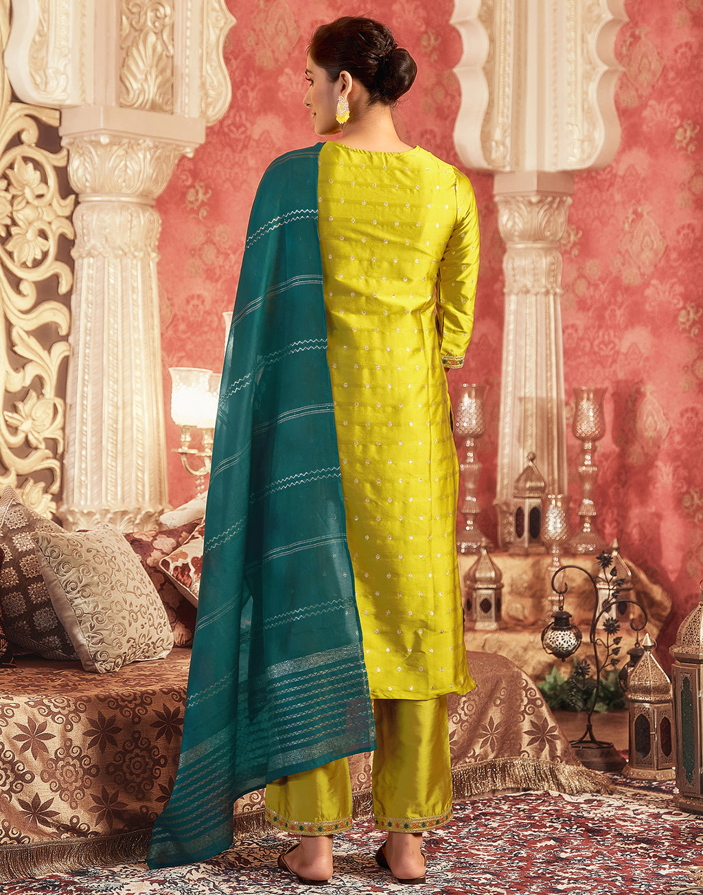 Mustard Jacquard Woven Kurta Set with Silk Blend Pant & Dupatta