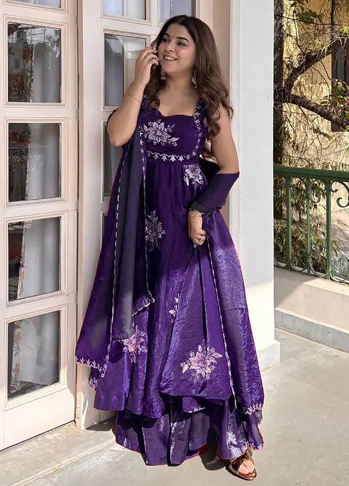 Violet Fendy Silk Anarkali Suit with Zari Sequin Work & Dupatta