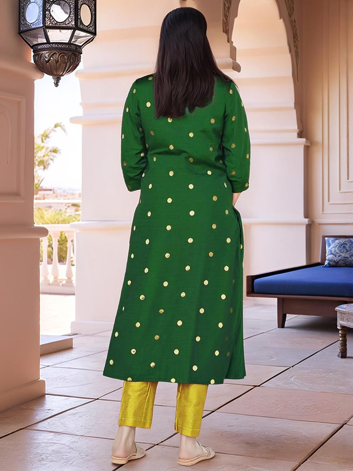 Green Art Silk Woven Kurta Set with Yellow Dupatta