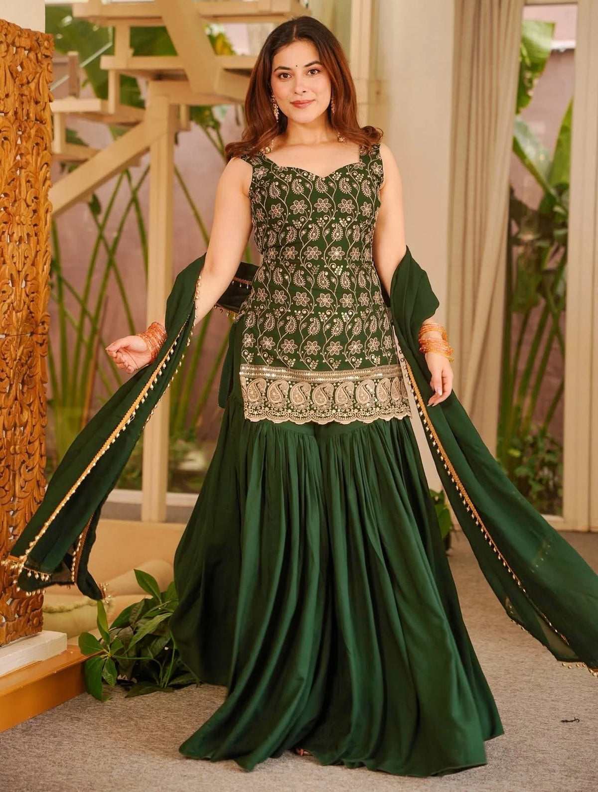 Dark Green Embroidered French Crepe Kurta Sharara Set with Dupatta