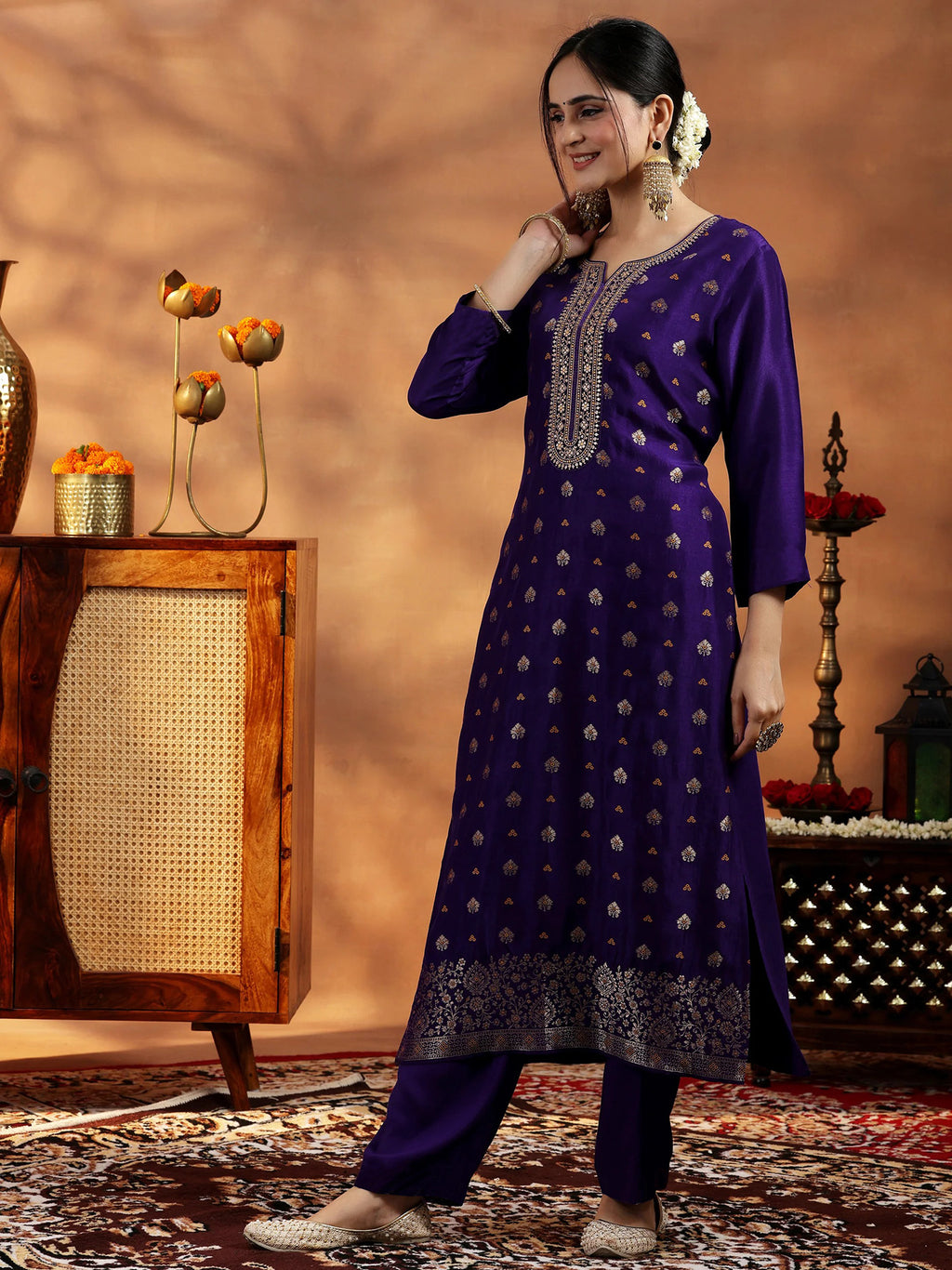 Violet Wooglee Embroidered Kurta Pant Dupatta Set for Women