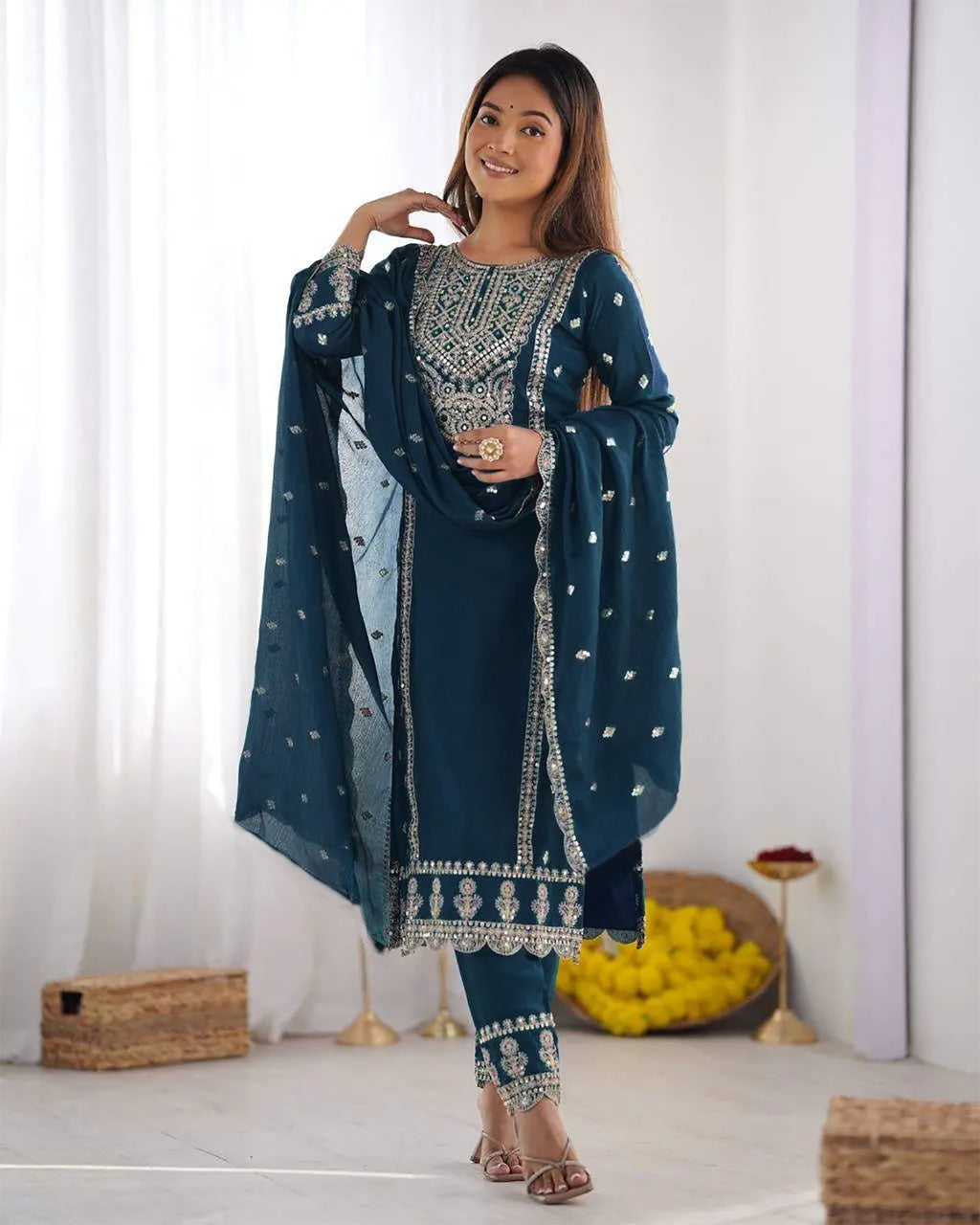 Cerulean Blue Embroidered Tesla Kurta Set with Vichitra Dupatta