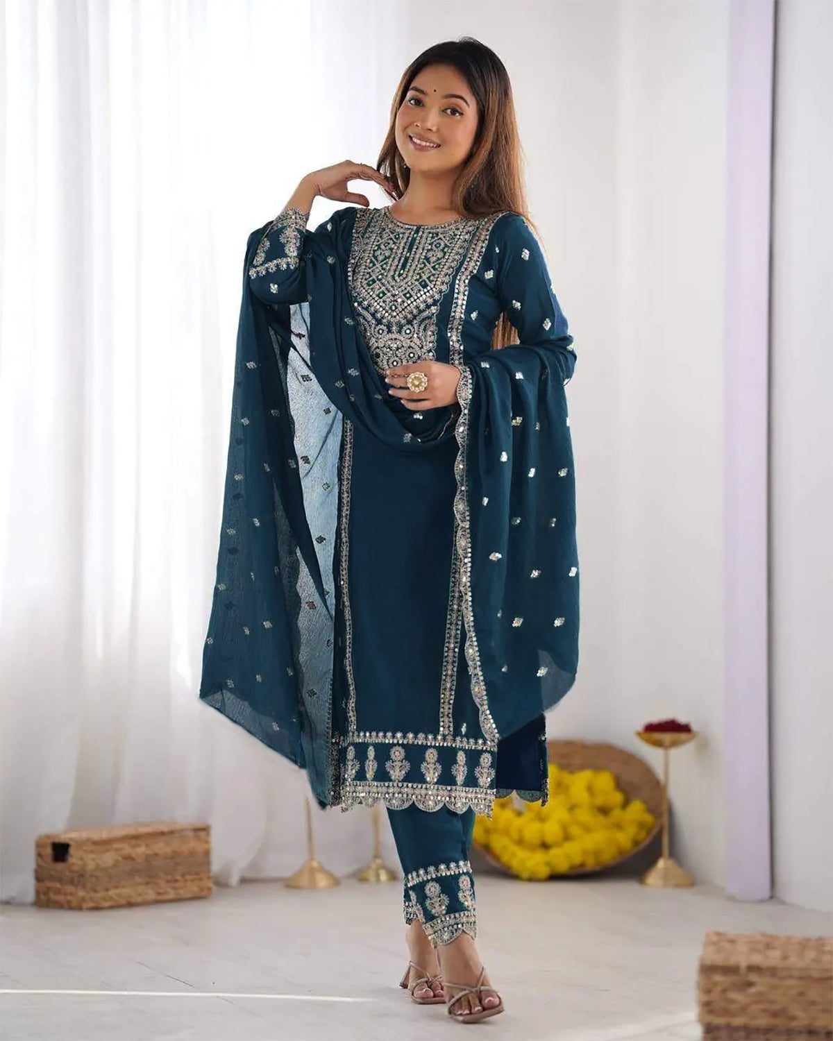 Cerulean Blue Embroidered Tesla Kurta Set with Vichitra Dupatta