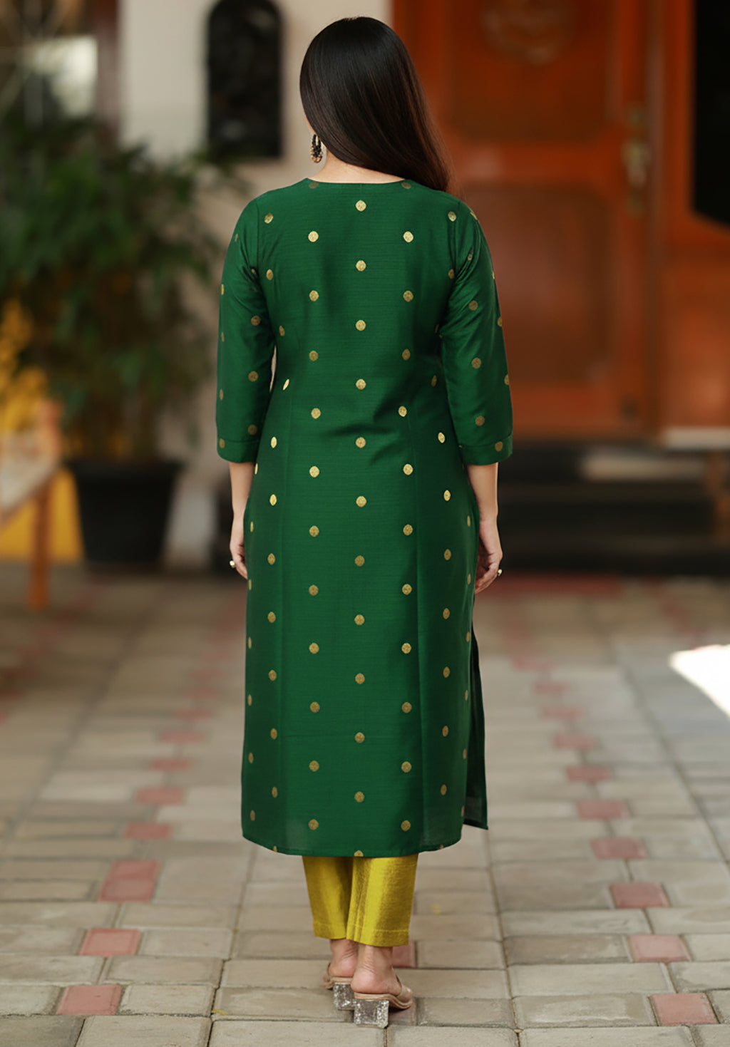 Green Art Silk Woven Kurta Set with Yellow Dupatta