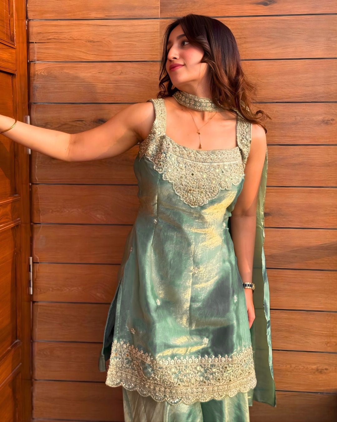 Mint Green Fendy Silk Sharara Suit with Sequin Embroidery & Dupatta