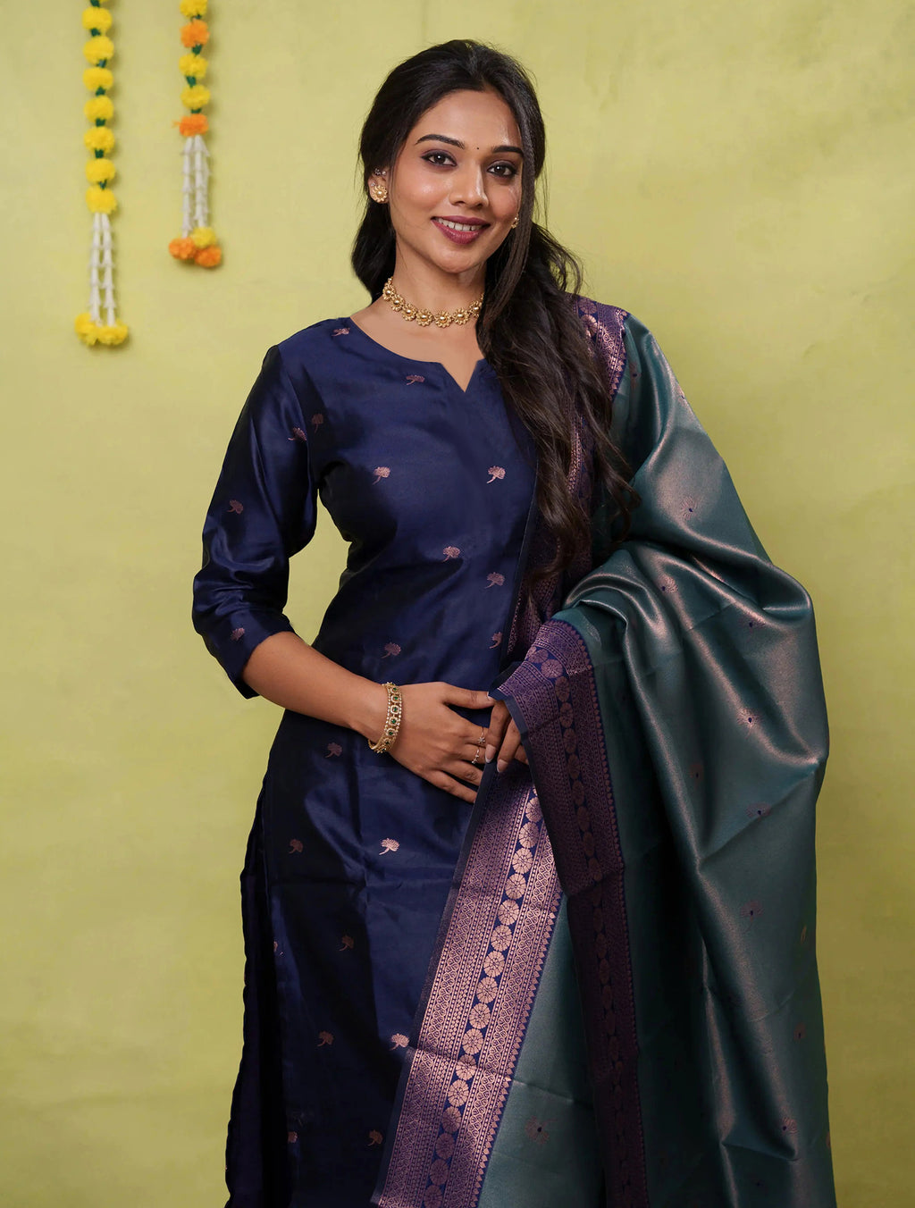 Royal Blue Art Silk Woven Kurta Set with Matching Dupatta
