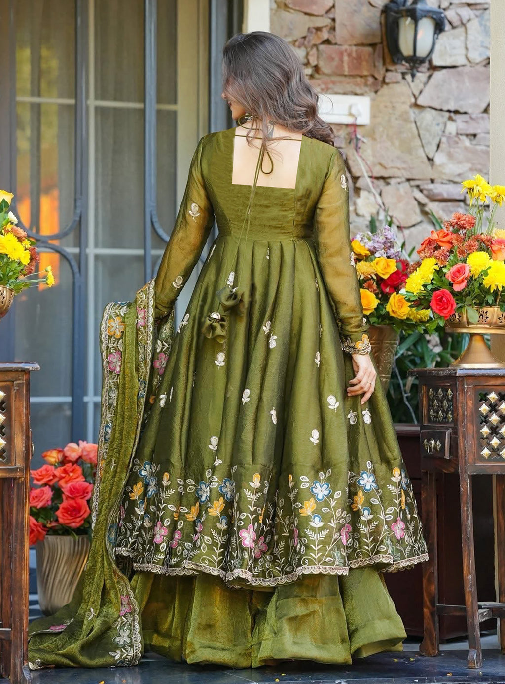 Olive Green Floral Embroidered Anarkali Suit Set with Palazzo & Dupatta