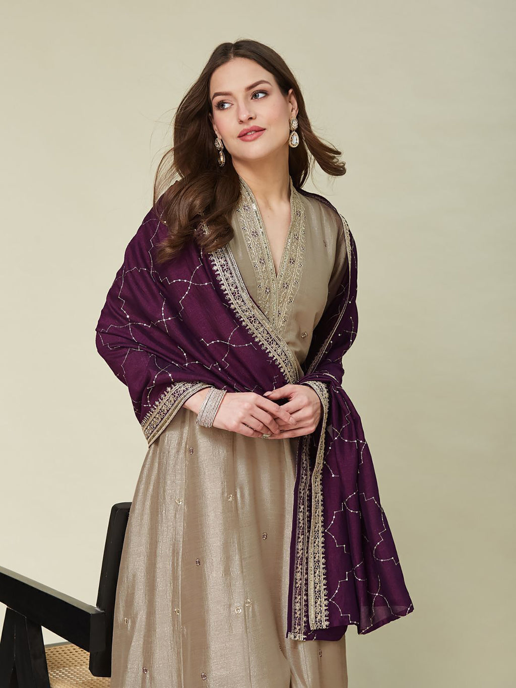 Beige Embroidered Vichitra Anarkali Kurta Set with Wine Dupatta