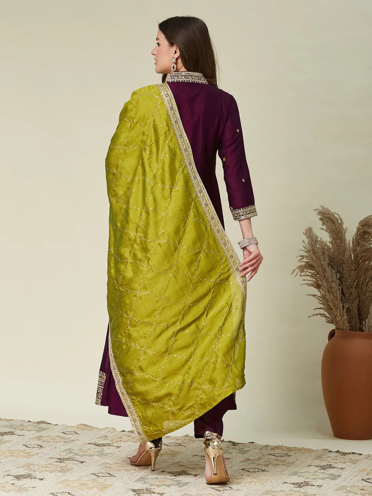 Wine Embroidered Vichitra Anarkali Kurta Set with Green Dupatta