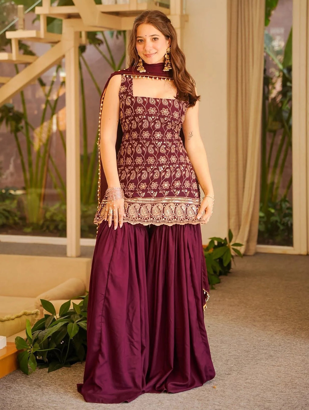 Maroon Embroidered French Crepe Kurta Sharara Set with Dupatta