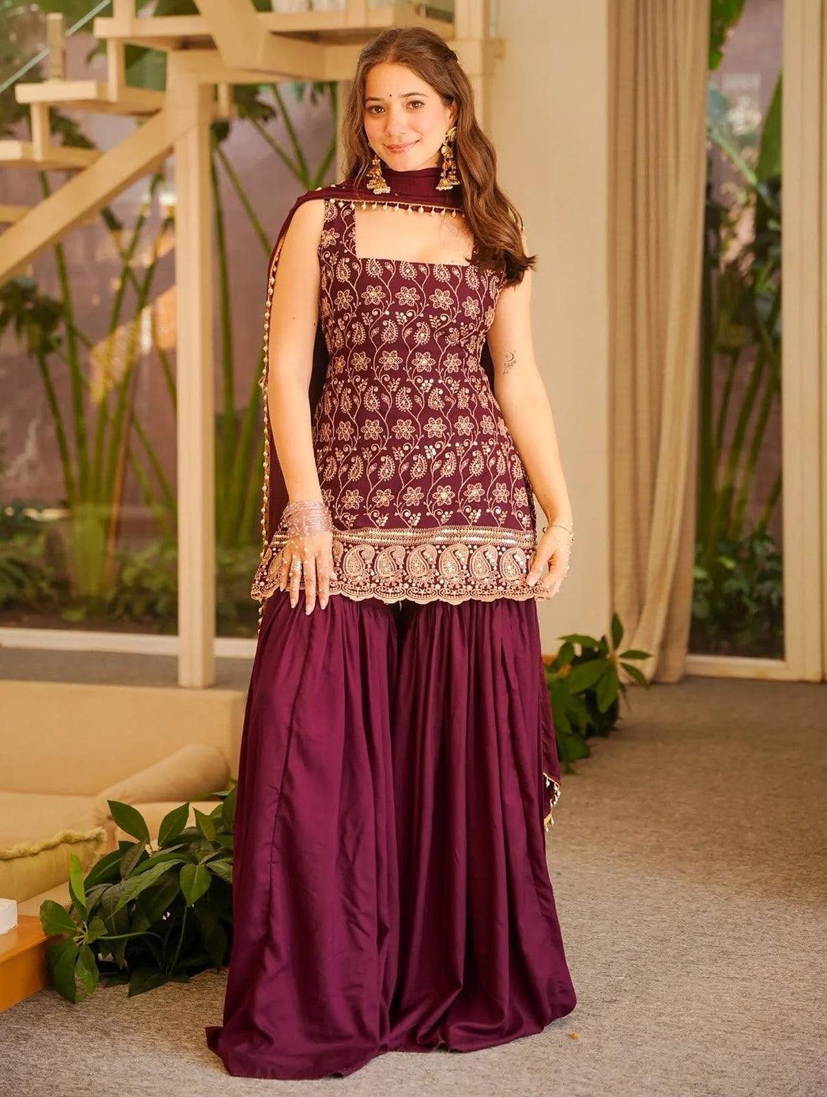 Maroon Embroidered French Crepe Kurta Sharara Set with Dupatta