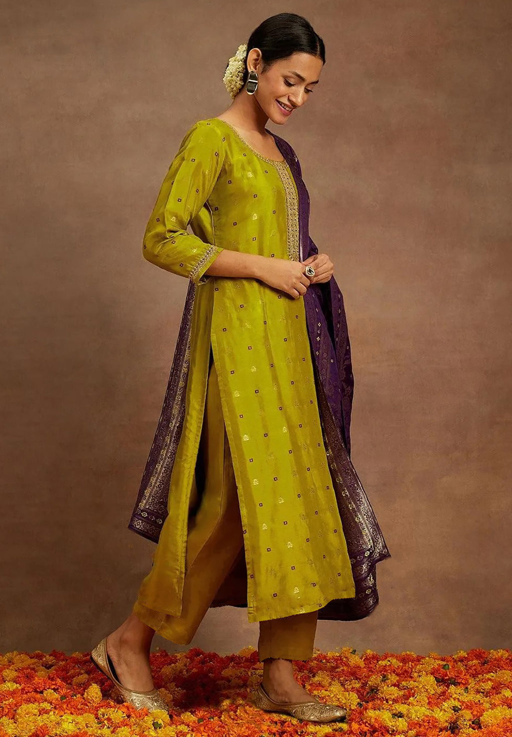 Mustard Purple Art Silk Kurta Pant Dupatta Set for Women