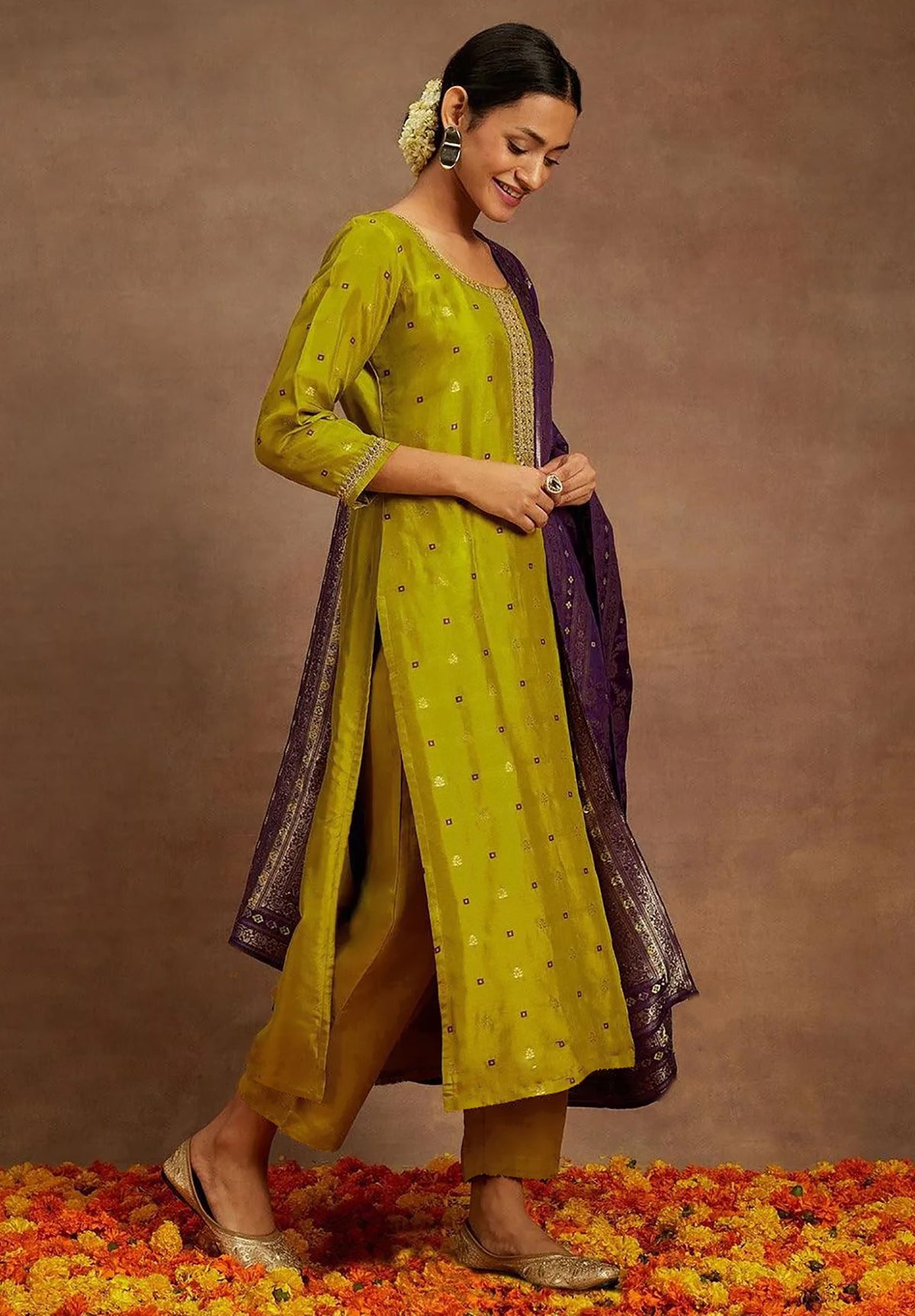 Mustard Purple Art Silk Kurta Pant Dupatta Set for Women