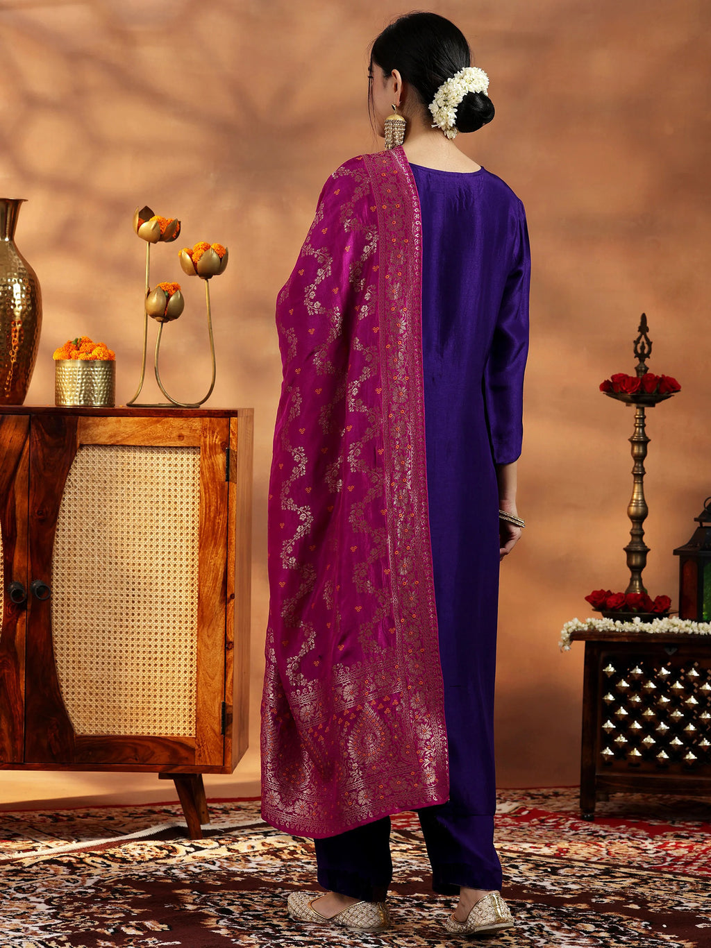 Violet Wooglee Embroidered Kurta Pant Dupatta Set for Women