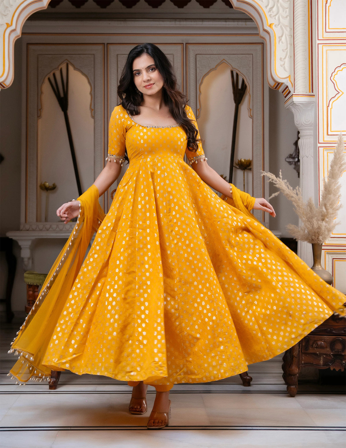 Yellow Chanderi Jacquard Anarkali Suit with Mirror Work & Dupatta