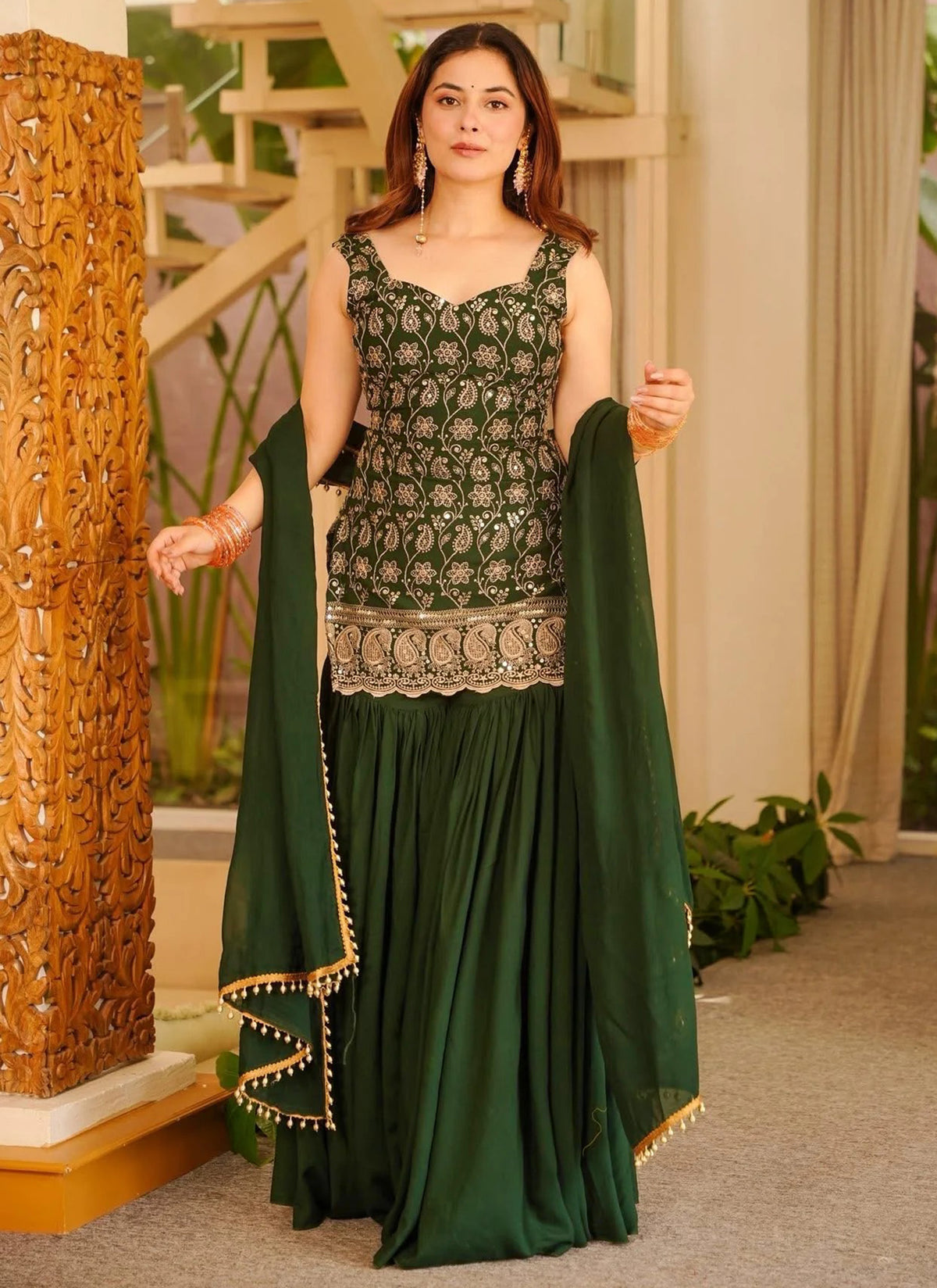 Dark Green Embroidered French Crepe Kurta Sharara Set with Dupatta