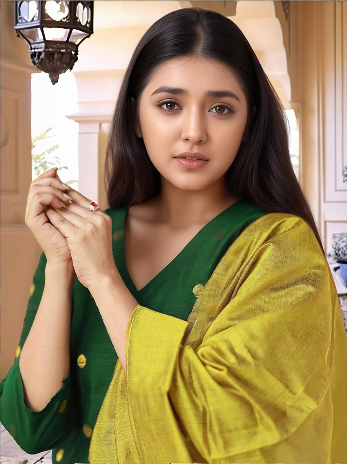 Green Art Silk Woven Kurta Set with Yellow Dupatta